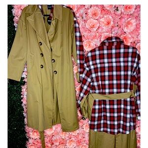 Long trench coat with plaid material on the back.